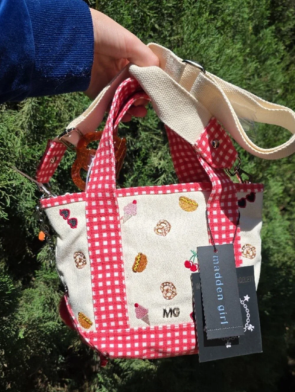 Stylish Red Gingham Tote with Cherry & Sweets Embroidery - Picture 2 of 10